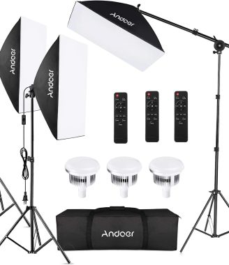 Andoer Softbox Photography Lighting Kit Professional Studio Equipment with 20"x28" Softbox, 2800-5700K 85W Bi-Color Temperature Bulb with Remote, Light Stand, Boom Arm for Portrait Product Shooting