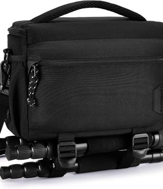 BAGSMART Small Camera Bag for Photographers, Compact Camera Shoulder Bags for DSLR/SLR/Mirrorless Cameras, Waterproof Crossbody Camera Case with Tripod Holder, Black